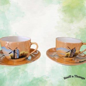 Handbemalte Teetasse Untertasse Japan Sunset Windmühle. 2er-Set.