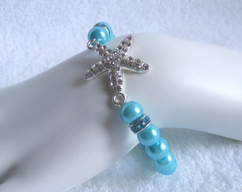 Crystal Coated Starfish and Pearl Stretch Bracelet