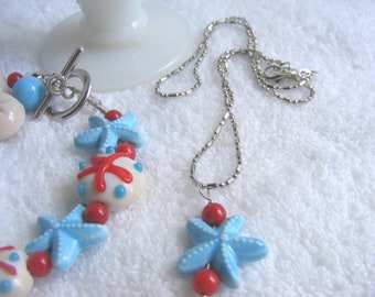 Blue Red White Starfish Necklace