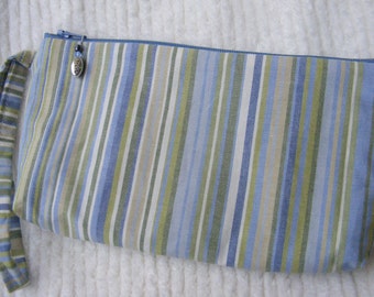 Denim Blue and Green Stripe Wristlet with Charm Pull