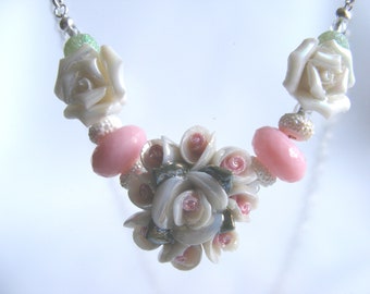 Delicate Pink and White Porcelain Rose Necklace