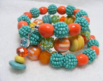 Turquoise Yellow Orange Adjustable Memory Wire Bracelet