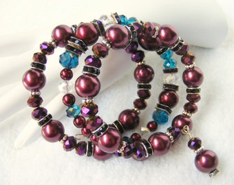 Burgundy Glass Pearl Crystal Coil Memory Wire Bracelet