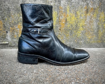 vintage 1970s BLACK leather zip up ankle boots chelsea men’s 8 1/2 BEATLE street walkin’ cheetah MOD punk rock n roll gothic broken in as-is