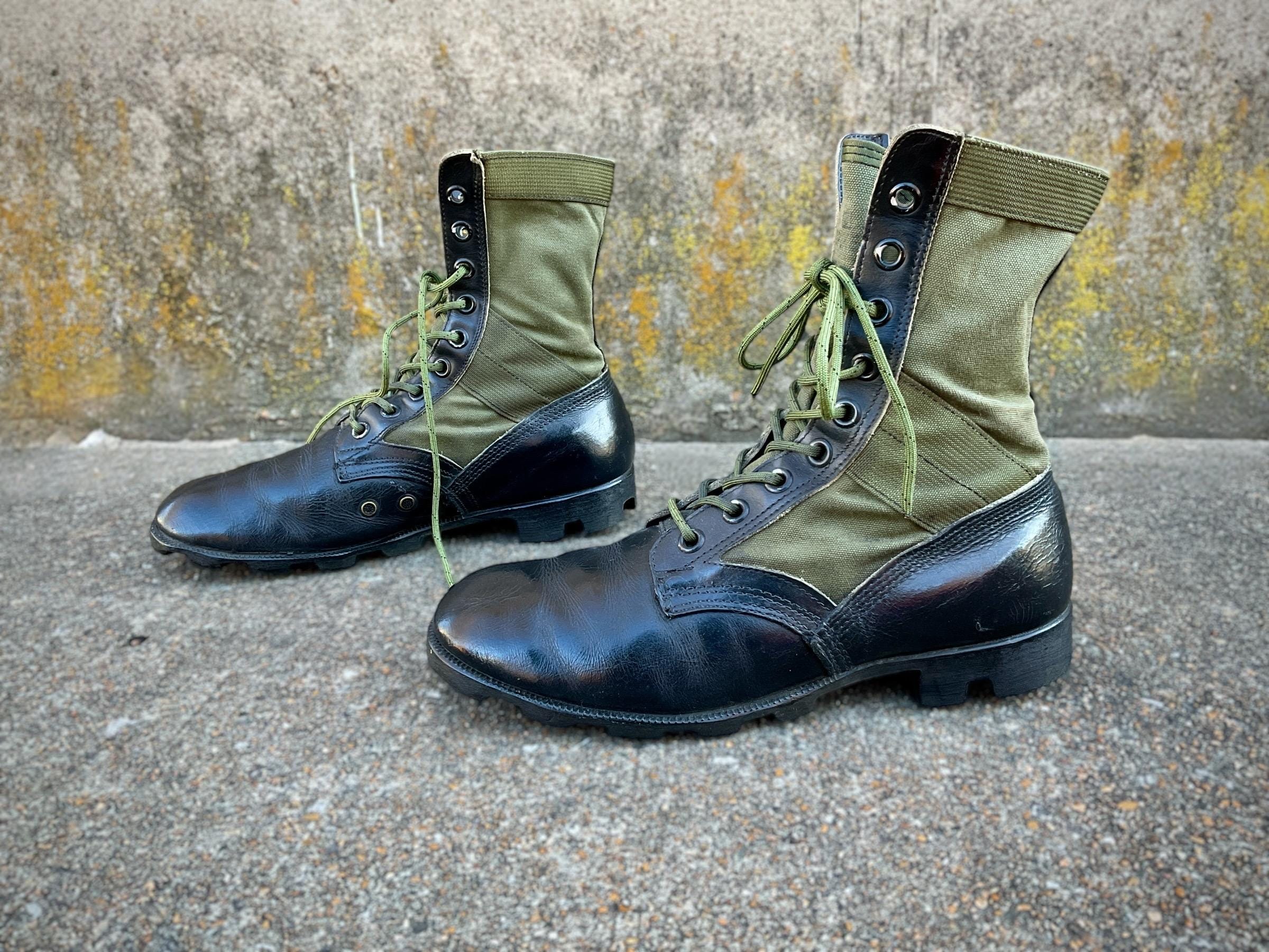 Ro-Search Men\'s Size 9R Vintage Military Jungle Boots Black Leather Olive Canvas Vintage Combat Jungle Boots Black Green Men main image 2