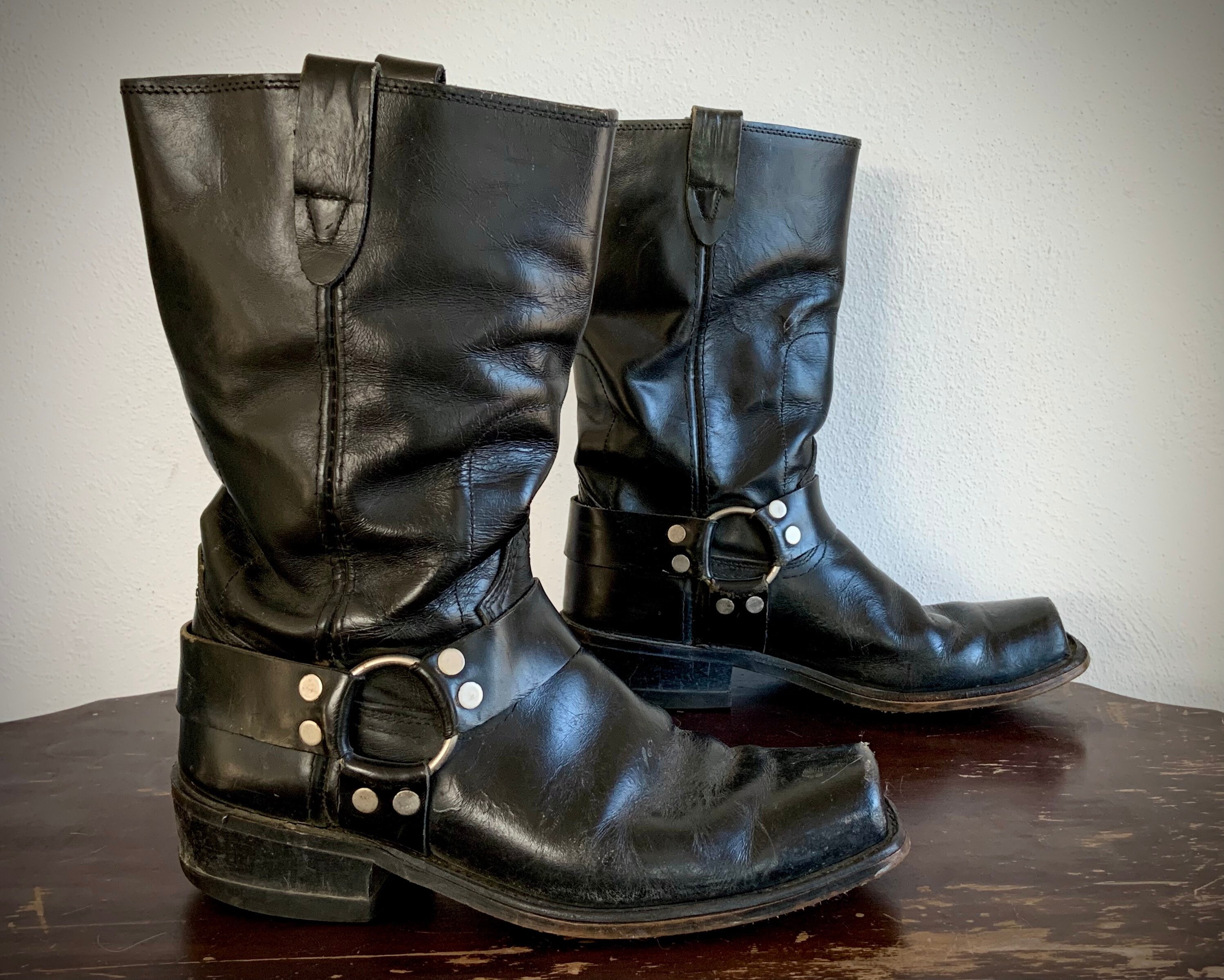Vintage 1970s Black Leather HARNESS Boots Mens 8 1/2 D