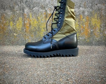 RARE Petite Vintage Black Leather Green Nylon JUNGLE Boots RARE Petite Vintage Black Leather Green Nylon JUNGLE Boots