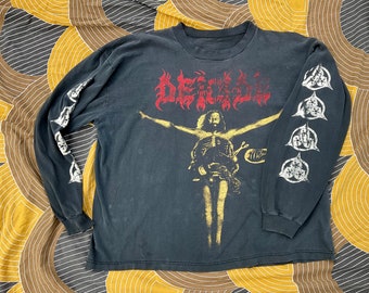 super RARE vintage 1990s DEICIDE once upon the cross l/s double sided 1995 original vtg sleeve print death METAL amon tour thrashed worn 52”