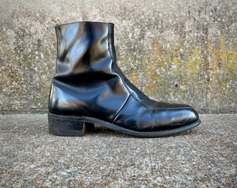 vintage 1990’s black leather zip up ANKLE boots CHELSEA mens U S 11 1/2 beatle boho rock n&#39; roll velvet underground STEEL toe motorcycle