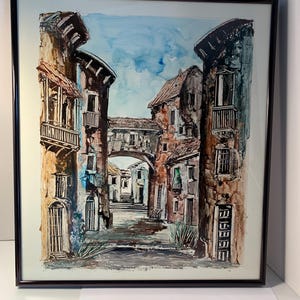 Vista di una città probabilmente castigliana Tecnica mista su carta Opera d'arte incorniciata e firmata