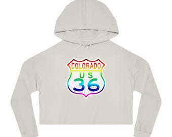 Rainbow Colorado US 36 Women's Crop Hoodie - Mountain Vibes, Cozy Mountain Apparel, Hoodie for Her, Colorado Gifts, Cropped Sweatshirt