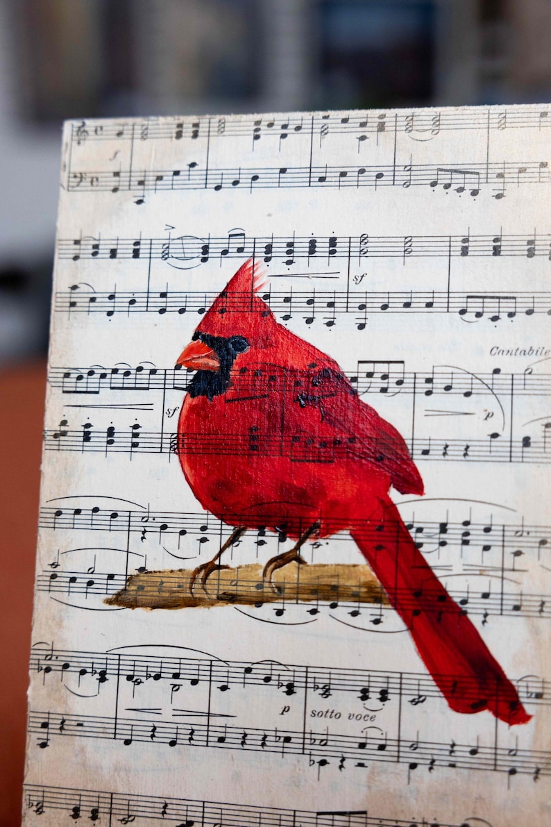 Cardinal Oil Painting on Vintage Sheet Music, Heavenly Messenger Bird ...