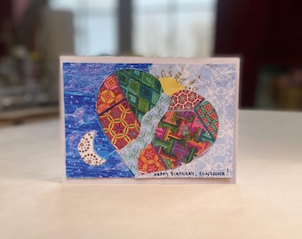 Heart Shaped World Birthday Card,  Handmade Paper Collage Art, Brightly colored  Cheerful Birthday Greeting