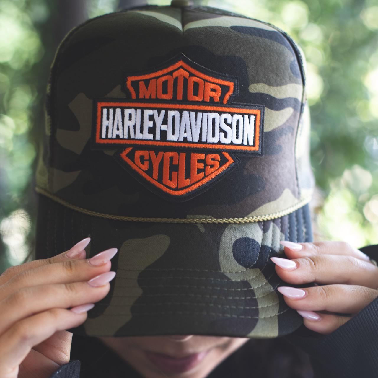 Perfect Everyday Hat, Camo Large Harley Davidson Patch Trucker Hat