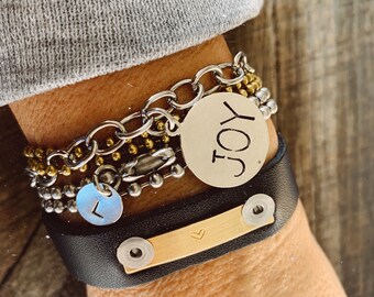 Hand Stamped Heart Brass Tag on a Black Leather Bracelet