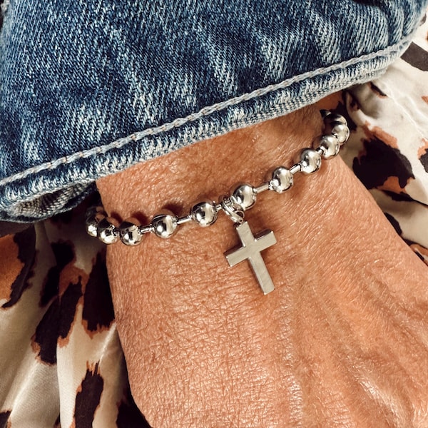 Stainless Steel Cross Charm Bracelet - Waterproof, Tarnish Proof