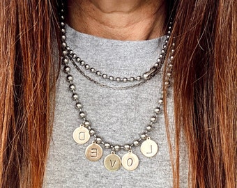 Stainless Steel Ball Chain Necklace with Hand Stamped L O V E D  brass tags