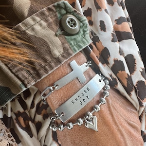 Hand Stamped Custom Set CHOOSE Joy, Heart Charm and Cross Bracelet - Happy Mail - Reminder  - Favorite