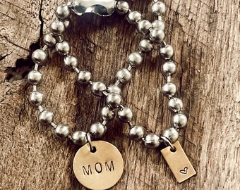 Chunky Stainless Steel Bracelet with a Hand Stamped MOM Tag and Heart Tag Brass