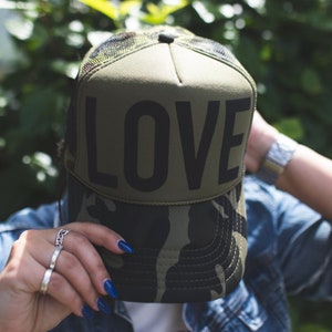 Army Green Camo LOVE Trucker Hat - Camouflage Trucker Hat - Army Green Trucker Hat - Favorite Hat - Valentines Day Gift - Bestie Gift
