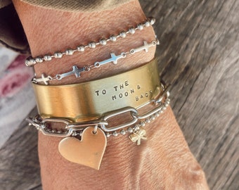 Hand Stamped Brass Cuff To The Moon & Back - Large Paperclip Stainless Steel Bracelet with Brass Heart Charm SET