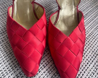 80's Red Satin Woven Petra Firenze Holiday Heels