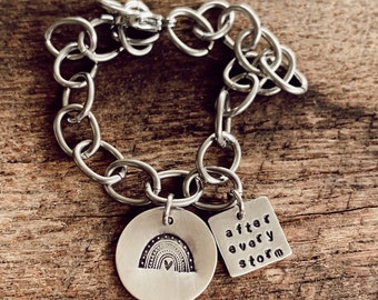 Hand Stamped Rainbow Sterling Silver Charm Bracelet After Every Storm Tag