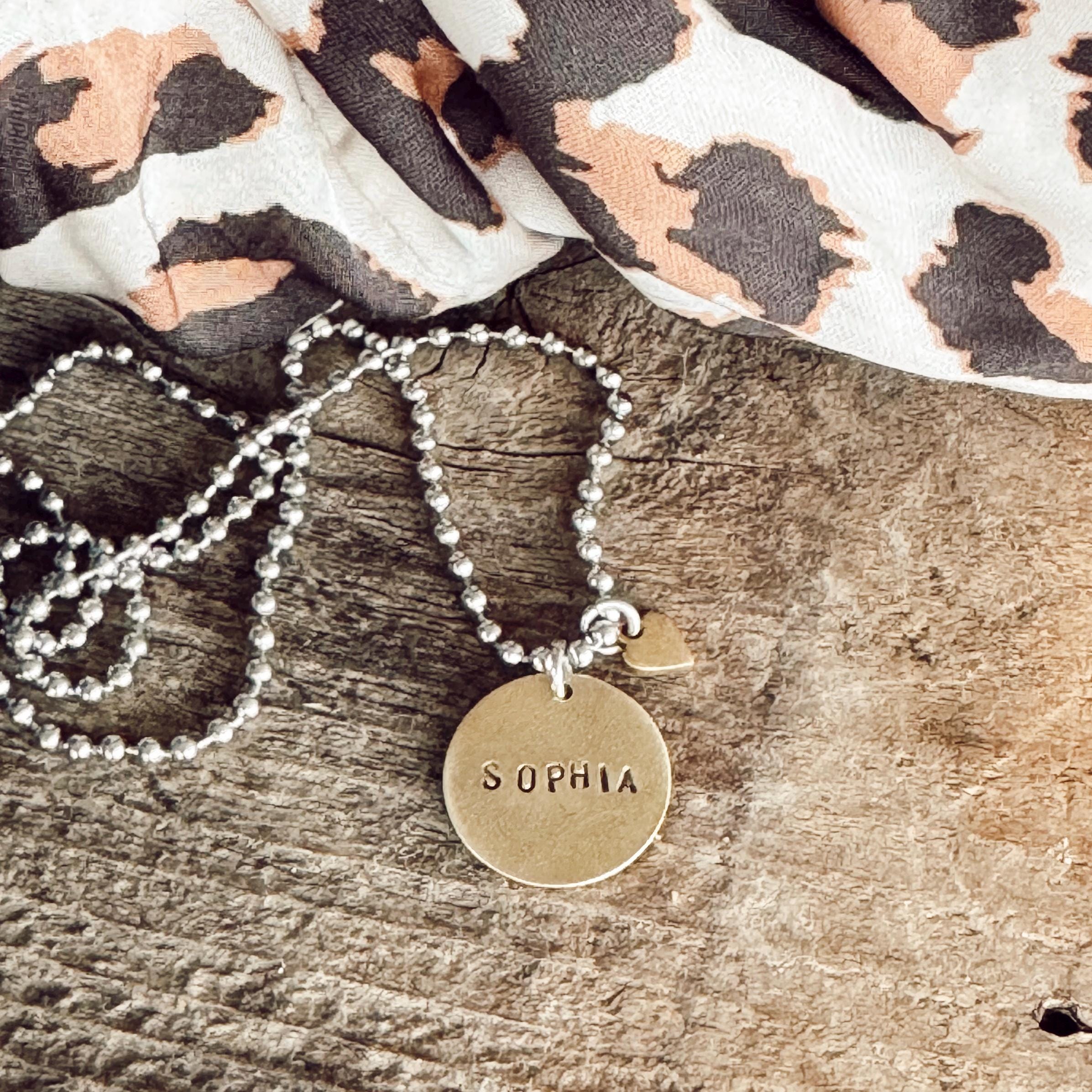 NEW - Brass Circle Personalized Name Hand Stamp Tag Necklace - Brass and Stainless Steel - Mixed Metal Bracelet - Mothers Day Gift