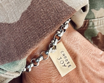 Stainless Steel Chain CHOOSE JOY brass tag Charm Bracelet - Hand Stamped - Perfect Gift