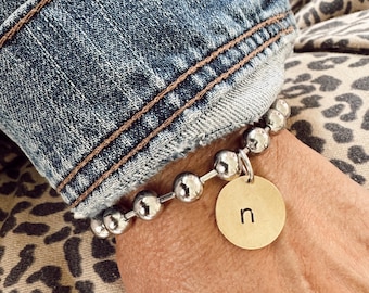 Polished Stainless Steel Ball Chain Bracelet with a Hand Stamped Lower Case Initial Coin Brass Charm - Mom Gift - Wifey Gift