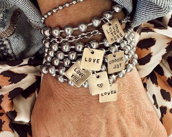 LIMITED EDITION Hand Stamped Brass Mini Square Tag Bracelet - Stainless Steel Chain - love you - love - love you more - choose joy - loved