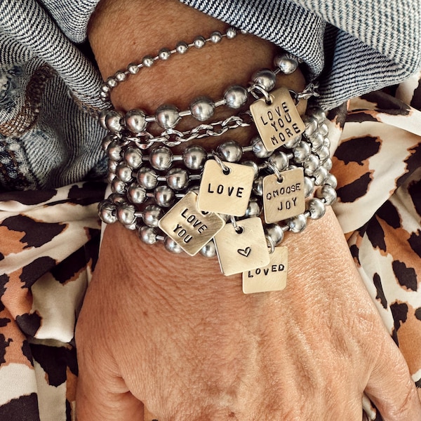 LIMITED EDITION Hand Stamped Brass Mini Square Tag Bracelet - Stainless Steel Chain - love you - love - love you more - choose joy - loved