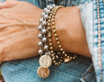 Chunky Stainless Steel Bracelet with a Hand Stamped Initial Brass Charm Mother Day Gift