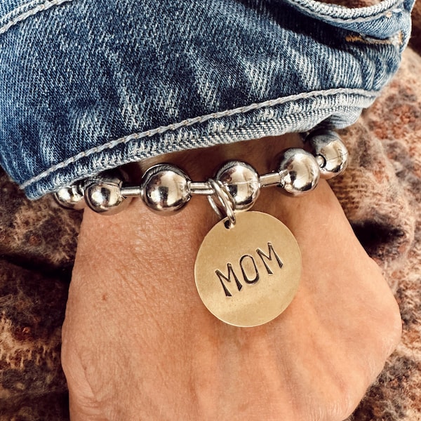 Extra Large Steel Polished Ball Chain Hand Stamped Brass Tag MOM Charm Bracelet