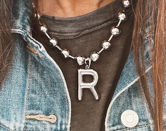 NEW - Stainless Steel Large Initial Necklace w/ our Chunky Stainless Steel Ball Chain Necklace - Tarnish Free - Waterproof - Perfect Gift