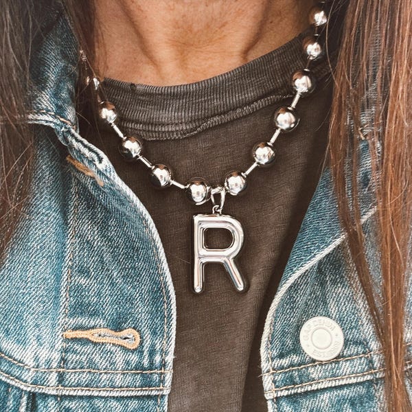 Stainless Steel Large Initial Necklace w/ our Chunky Stainless Steel Ball Chain Necklace - Tarnish Free - Waterproof
