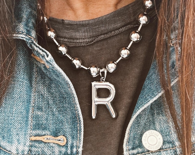 NEW - Stainless Steel Large Initial Necklace w/ our Chunky Stainless Steel Ball Chain Necklace - Tarnish Free - Waterproof - Perfect Gift