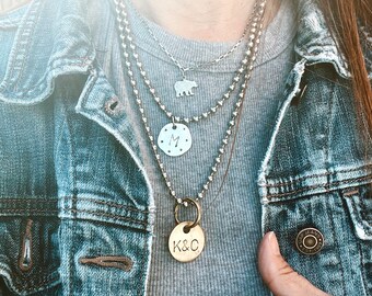 Hand Stamped Trio, Sterling Silver Mama Bear Charm Necklace, Initial Stainless Steel Necklace and a Brass Tag Custom Necklace