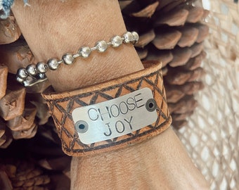 Brown Leather Cuff with Hand Stamped CHOOSE JOY