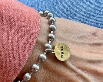 Hand Stamped Mama Brass Charm on a Stainless Steel Chunky Beaded / Ball Chain Bracelet