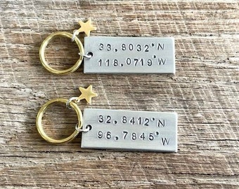 Hand Stamped Key Chain - College Longitude and Latitude = Home Longitude and Latitude Set - College Gift
