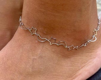 Stainless Steel Star and Moon  Chain Anklet - Waterproof - Tarnish Proof - Summertime Anklet