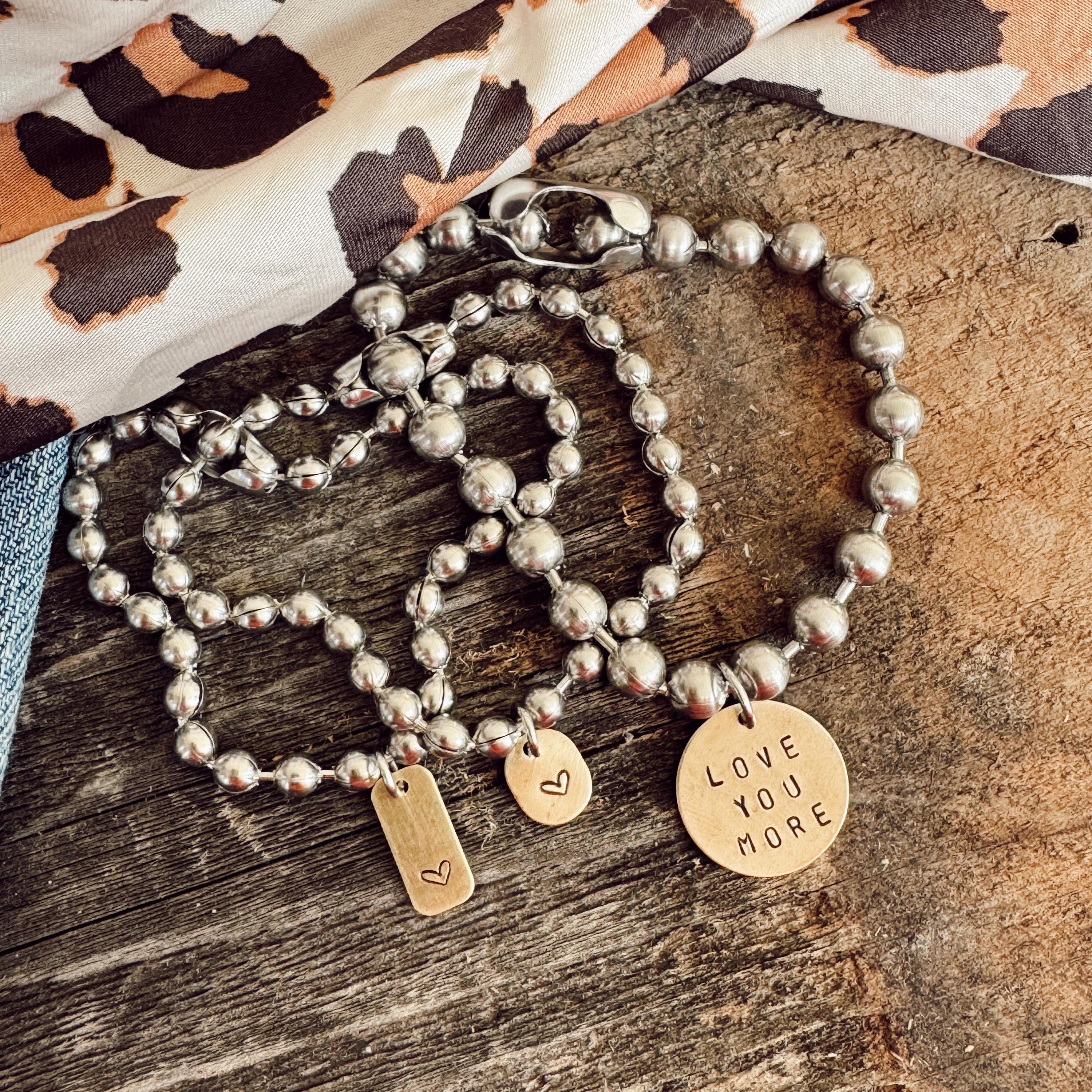 Trio Set - Stainless steel and Brass - 2 Heart Hand Stamped bracelet and a Brass Hand Stamped Love You More Bracelet  - bestie gift