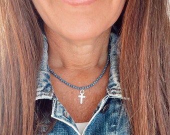 New Beaded Necklace with Cross Charm Smokey Purple / Lavender / Blue