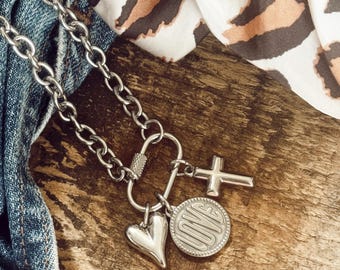 Stainless Steel Charm Necklace - Heart, Cross, Love Charms