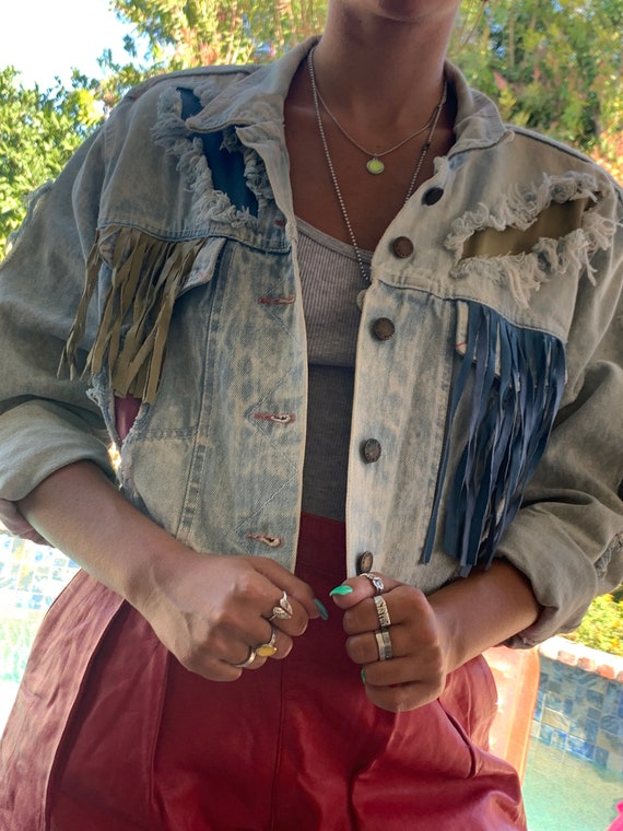 70's Vintage Jean Jacket, studded - fringe - leath