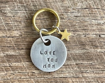 Hand Stamped Love You Mom Keychain with a Star Charm