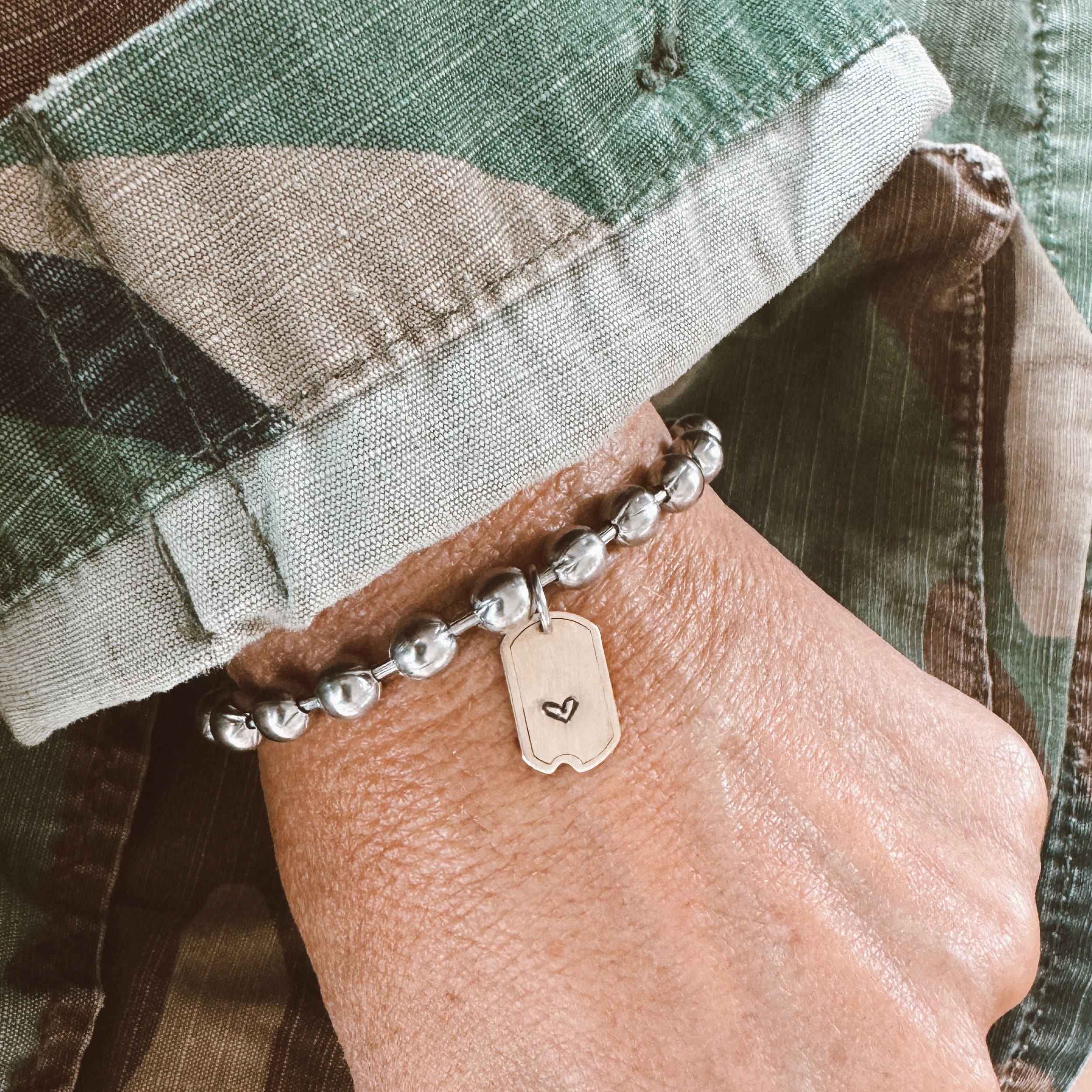 Chunky Stainless Steel Bead Ball Chain Bracelet with a Hand Stamped Heart Mini Dog Tag - Birthday Gift - Bestie - Mothers Day - So Cute