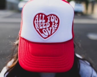 Red and White All You Need Is Love Trucker Hat