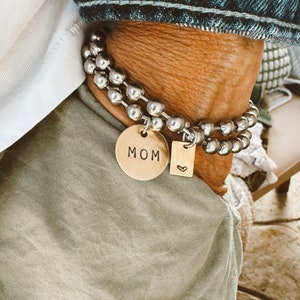 BACK IN STOCK Chunky Stainless Steel Ball Chain Bracelet with a Hand Stamped mom Tag and Heart Tag Brass - New Mom Gift -